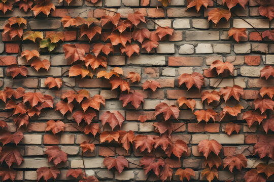 red ivy covering a tope brick wall