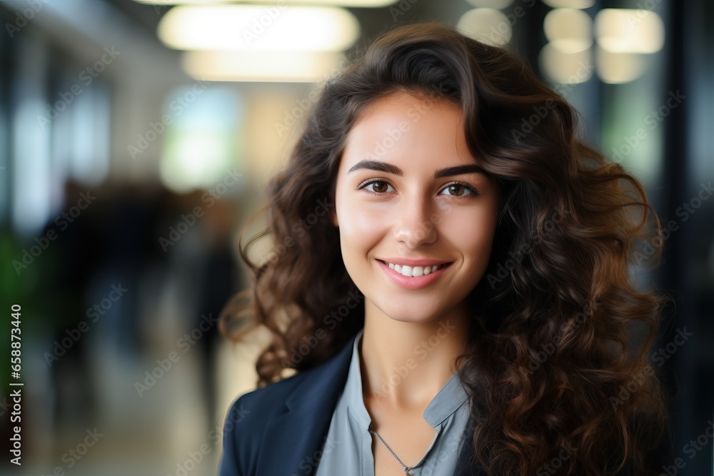 Canvas Prints Portrait of beautiful young businesswoman with curly hair in office.