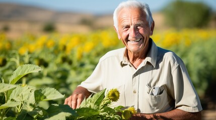 Naklejka na ściany i meble Portrait of senior man standing in sunflower field on a sunny day