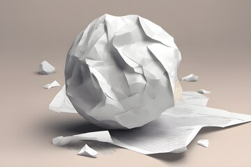 3D White crumpled paper ball and slice paper in white background 