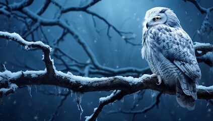 Snowy owl sitting on a branch in the winter forest.