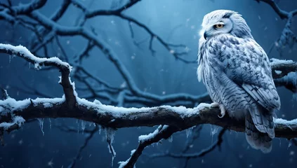 Foto op Plexiglas Snowy owl sitting on a branch in the winter forest. © Meow Creations