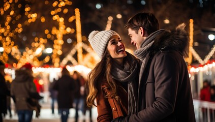 Obraz premium Young couple in love having fun on the Christmas market in the city