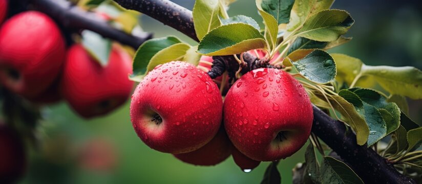 Ready apples on apple tree branches in garden are ripe for harvest With copyspace for text
