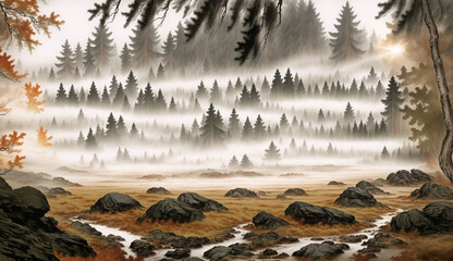 A forest shrouded in mist
