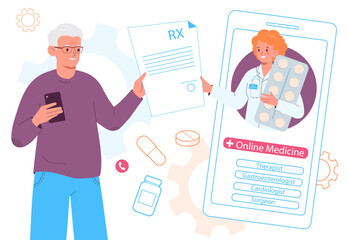 Online medical advice. Medical services. Female doctor consults an elderly man. Smartphone screen with doctor. Doctor holds a prescription in his hand.