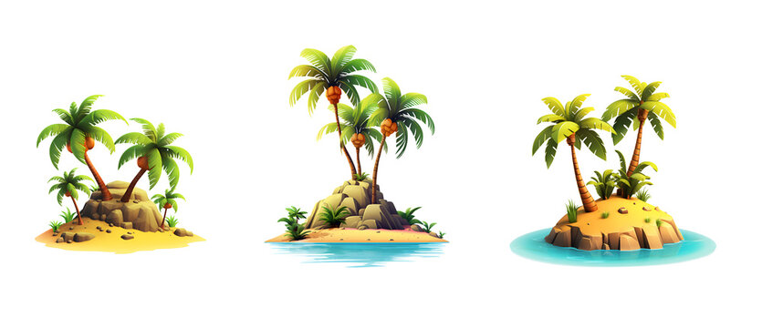 Set of 3D illustrations tropical island with palm trees, isolated on white and transparent background, ai generate