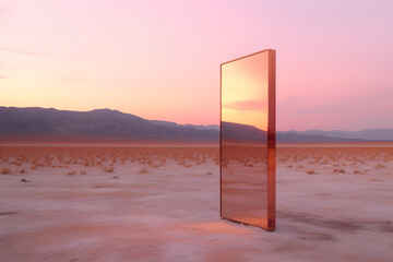 A mirror standing in the desert, capturing and reflecting the warm hues of sunset