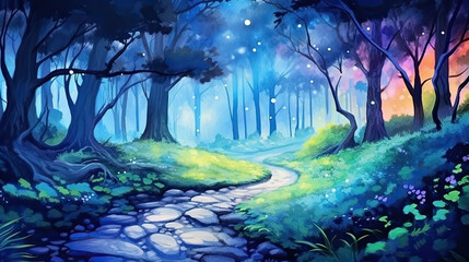 Watercolor mystical forest path