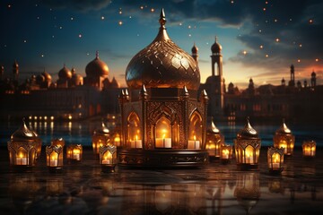 a mosque with candles in the fore