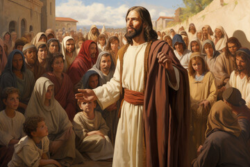 Jesus talks to the disciples and the crowd - obrazy, fototapety, plakaty