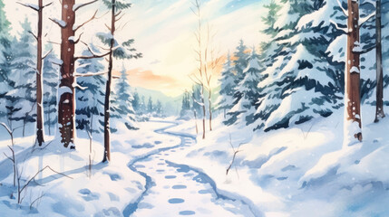 Watercolor snow-covered forest path