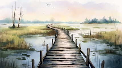 Obraz premium Watercolor a misty marshland