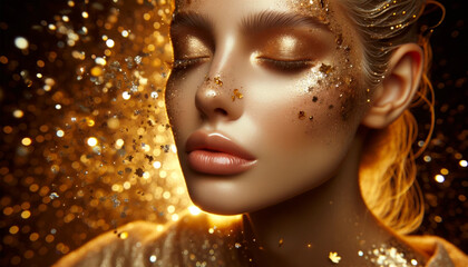 Dazzling Gold: Ethereal Beauty with Glistening Metallic Makeup Amidst Sparkling Bokeh
