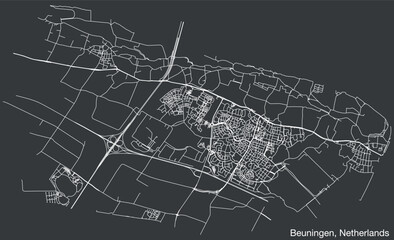 Obraz premium Detailed hand-drawn navigational urban street roads map of the Dutch city of BEUNINGEN, NETHERLANDS with solid road lines and name tag on vintage background