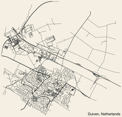 Detailed hand-drawn navigational urban street roads map of the Dutch city of DUIVEN, NETHERLANDS with solid road lines and name tag on vintage background