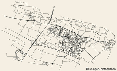 Detailed hand-drawn navigational urban street roads map of the Dutch city of BEUNINGEN, NETHERLANDS with solid road lines and name tag on vintage background