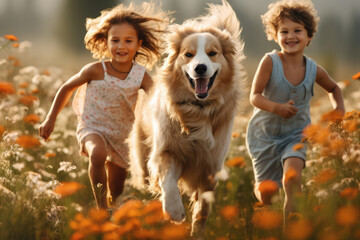 kids run with a dog on flowers meadow