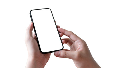 adult hands holding smartphone blank touch screen isolated with clipping path on white background.