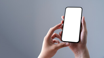 adult hands holding smartphone blank touch screen isolated on background. - obrazy, fototapety, plakaty