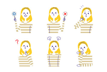 ボーダーシャツの女性バストアップポーズセット-2