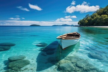 Fototapeta na wymiar Boat in turquoise ocean water against blue sky with white clouds and tropical island