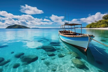 Naklejka na ściany i meble Boat in turquoise ocean water against blue sky with white clouds and tropical island