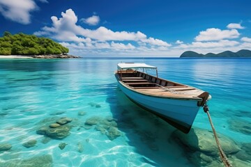 Naklejka na ściany i meble Boat in turquoise ocean water against blue sky with white clouds and tropical island