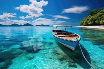 Fototapeta na wymiar Boat in turquoise ocean water against blue sky with white clouds and tropical island