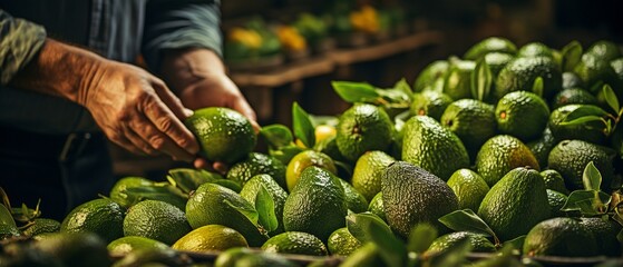 A worker checking the fruit in the basement or ripener with an avocado in hand,. - obrazy, fototapety, plakaty