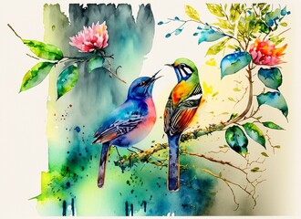 watercolor bird, bird flying, bird perched on tree branches, watercolor nature with bird