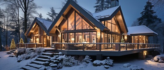 Deep snow blanketed the luxury cottage's contemporary facade in the wintertime..