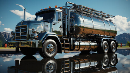 Food cistern. Fast transport of goods. Tank truck in motion. Water or milk delivery - obrazy, fototapety, plakaty