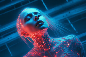 Sci-fi, fantasy, beauty, fashion concept. Sci-fi very beautiful and sexy looking woman close-up portrait. Futuristic style with neon colored light. Model clothing made from plastic. Generative AI