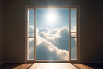 A neat room with a spacious window that has a view of billowing clouds and streams of bright sunlight coming through.