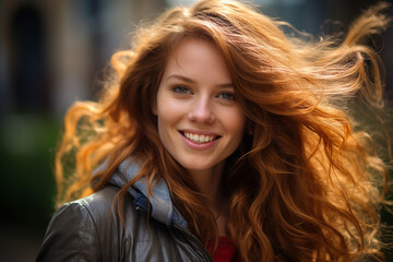 Naklejka premium Beauty, make-up, lifestyles concept. Beautiful and happy young woman close-up outdoor portrait. Long hair brunette model smiling and looking at camera. Generative AI