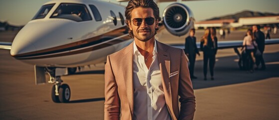 Billionaire, affluent businessman, or successful gorgeous man enjoying the journey aboard a private aircraft. - obrazy, fototapety, plakaty