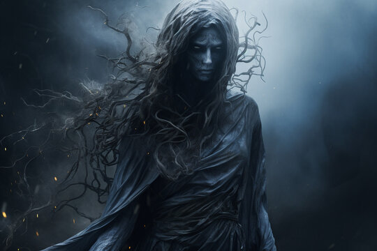 States of mind, horror, sci-fi concept. Female forest creature, wraith or ghost and nature mix concept. Dark and gloomy nature background with mist. Generative AI
