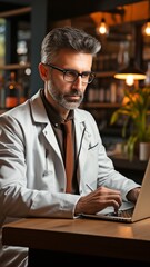 Obraz premium Consultations offered online. A smiling, self-assured Indian doctor using a laptop.