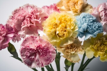 Cutout of vibrant carnations in pink, yellow-green, and blue. Generative AI