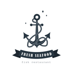 Fresh seafood logo. Vintage sticker with anchor icon. Marine products shop. Vector template for fish restaurant on white background. © KeronnArt