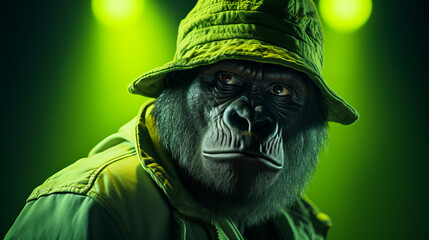  Cool Gorilla in Hat with Green Backlight, stylish gorilla in a hat poses against a green backlight, radiating an air of enigmatic charm and unique flair.