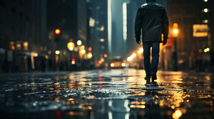 Lone Wanderer on a Wet City Street, solitary figure walks down a rain-slicked urban street at night, with city lights casting a reflective glow, evoking a sense of introspection. - obrazy, fototapety, plakaty