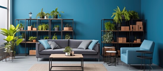Blue designer living room with industrial furniture artworks and plants With copyspace for text
