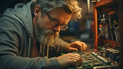 Fototapeta premium At home, a confused older guy is attempting to dismantle a router..