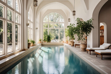 Mediterranean luxury villa indoor pool.  Generative AI