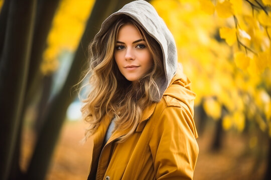 Beautiful young woman posing in a forest in autumn with yellow leaves