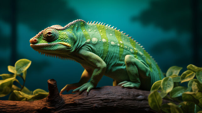 Beautiful color of panther chameleon, colorful lizard, chameleon closeup with isolated background
