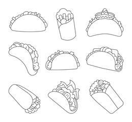 Tasty taco and burrito. Coloring Page. Mexican fast food. Vector drawing. Collection of design elements.