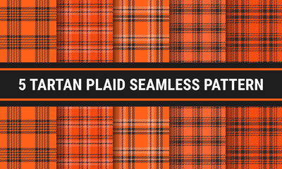 Set Tartan Plaid Seamless Pattern Autumn In Orange Black. Checkered fabric texture for flannel shirt, skirt, blanket
